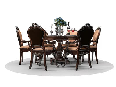 Classic Dark Wood Dining Table Set With Carved Chairs Light Cushions And Table Decor 3d model