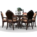 Classic Dark Wood Dining Table Set With Carved Chairs Light Cushions And Table Decor