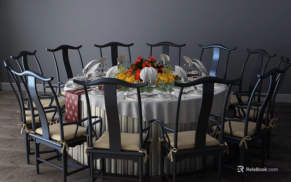 Elegant Dining Table Set With Round Table White Tablecloth Dark Chairs Floral Centerpiece And Tableware 3d model 
