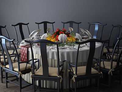 Elegant Dining Table Set With Round Table White Tablecloth Dark Chairs Floral Centerpiece And Tableware 3d model