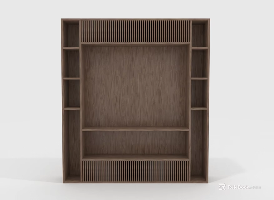 Modern Brown Wooden Storage Cabinet Shelf With Vertical Stripes And Multiple Compartments 3d model 