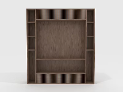 Modern Brown Wooden Storage Cabinet Shelf With Vertical Stripes And Multiple Compartments 3d model