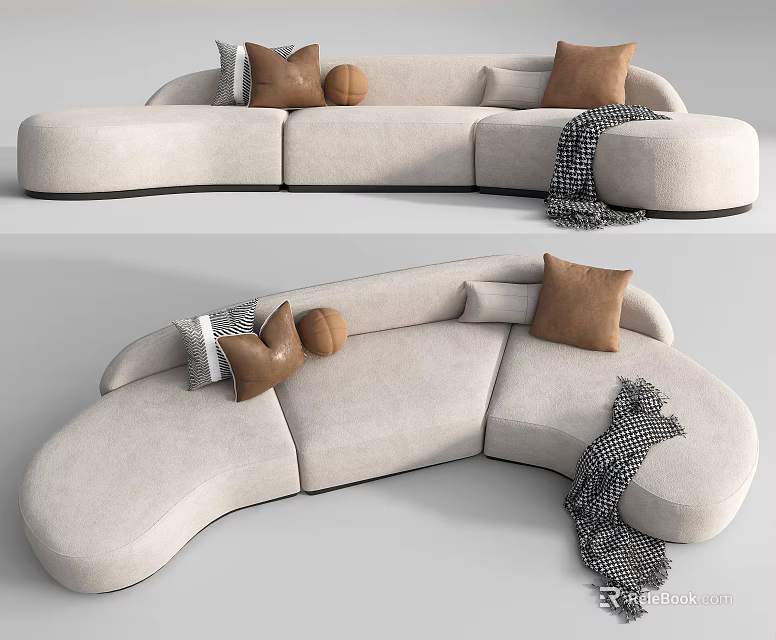 Stylish Beige Sectional Sofa With Brown Pillows And Plaid Throw Blanket 3d model 
