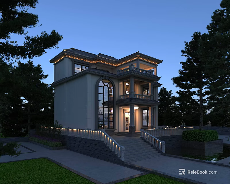 Two Story Modern Detached Villa With Large Windows Surrounded by Trees and Evening Lighting 3d model 
