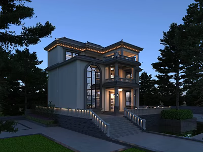 Two Story Modern Detached Villa With Large Windows Surrounded by Trees and Evening Lighting 3d model