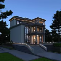 Two Story Modern Detached Villa With Large Windows Surrounded by Trees and Evening Lighting