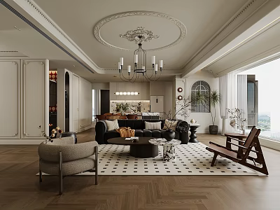 Elegant French Style Open Living And Dining Room Interior With Exquisite Decor And Cozy Furniture 3d model