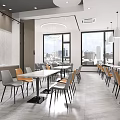 Modern Dining Area Interior With Chairs Tables And Large Windows 3d model