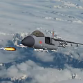 Military Fighter Jet Flying and Launching Missiles Over Mountainous Cloudy Sky
