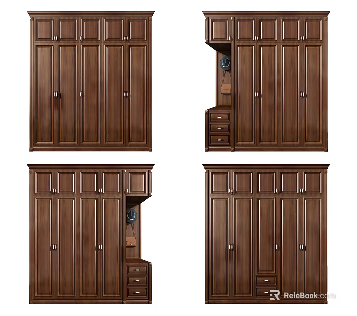 Classic Wooden Wardrobe Design With Cabinet Doors Drawers And Top Storage 3d model 