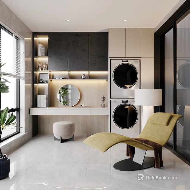 Home Balcony Design with Twin Washing Machine Dryer Storage Cabinets Round Mirror and Leisure Chair 3d model 