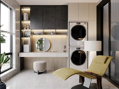 Home Balcony Design with Twin Washing Machine Dryer Storage Cabinets Round Mirror and Leisure Chair 3d model