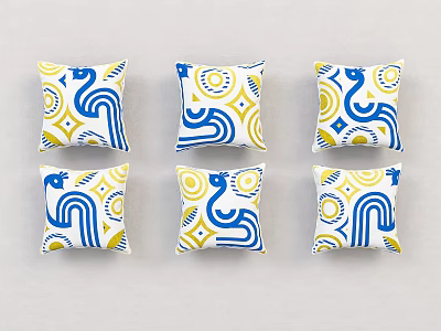 Six Decorative Pillows With Blue Yellow White Geometric Patterns Arranged Neatly 3d model
