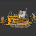 Yellow Bulldozer with Tracks and Large Blade Worn Metal Structure and Cab on Gray Background