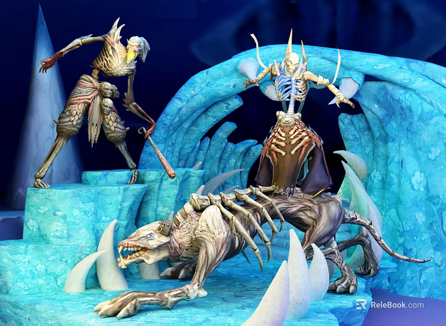 Game Fantasy Skeleton Warrior Characters With Armored Mythical Mount And Blue Cave Setting 3d model 