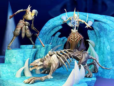 Game Fantasy Skeleton Warrior Characters With Armored Mythical Mount And Blue Cave Setting 3d model