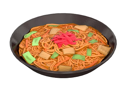 Savory Noodles in Black Pan Topped with Red Green and Square Toppings 3d model