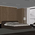 Modern Bedroom With Double Bed Dark Wooden Wall Recessed Lighting And Large Window