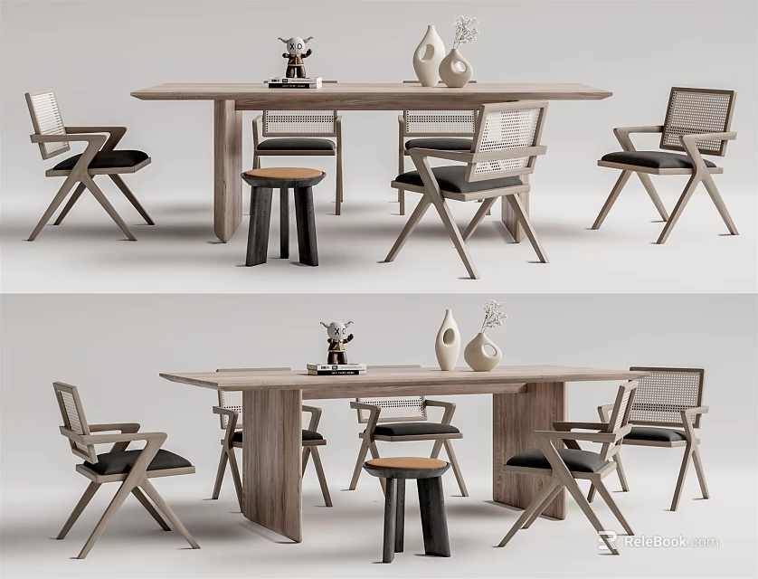 Modern Wooden Dining Table Set With Chairs And Stool For Home Interior 3d model