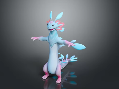 Friendly Blue White Pink Fantasy Creature Standing With Fins Wings And Outstretched Arms 3D Render 3d model