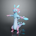 Friendly Blue White Pink Fantasy Creature Standing With Fins Wings And Outstretched Arms 3D Render