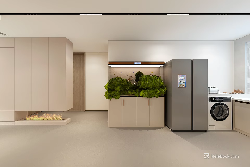 Modern Open Kitchen With Built in Aquarium Fish Tank And Green Plants 3d model 