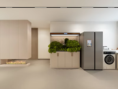 Modern Open Kitchen With Built in Aquarium Fish Tank And Green Plants 3d model