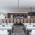 Modern Large Conference Room With Multiple Rows Of Gray Seats Lighting And Wall Design