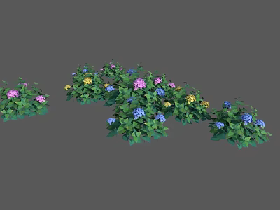 Natural Landscape With Green Bushes And Colorful Pink Blue and Yellow Flowers 3d model