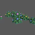 Natural Landscape With Green Bushes And Colorful Pink Blue and Yellow Flowers