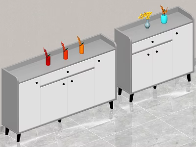 Two White Shoe Cabinets With Drawers Doors And Decorative Bottles Vases On Top 3d model