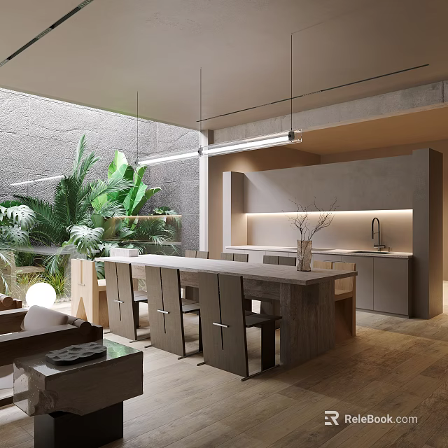 Modern Restaurant Interior Design With Open Kitchen Island Counter And Green Plants 3d model 