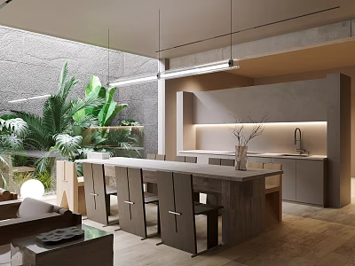 Modern Restaurant Interior Design With Open Kitchen Island Counter And Green Plants 3d model