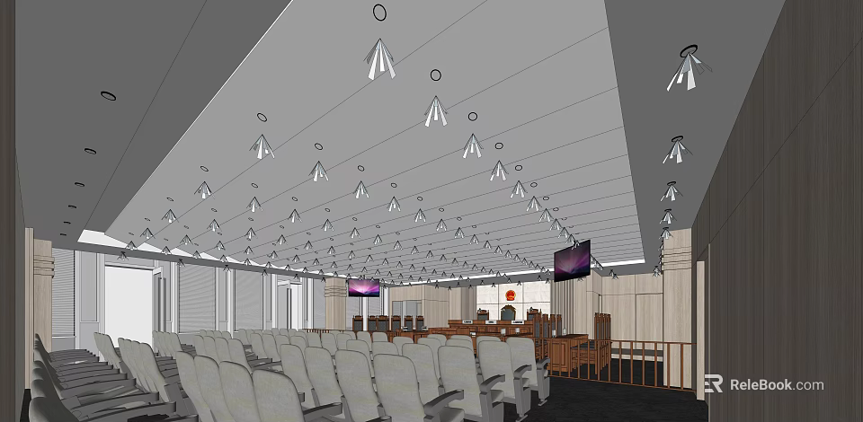 Courtroom Interior With Seats Judge Bench Lighting Fixtures And TV Screens 3d model 