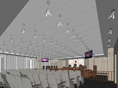 Courtroom Interior With Seats Judge Bench Lighting Fixtures And TV Screens 3d model