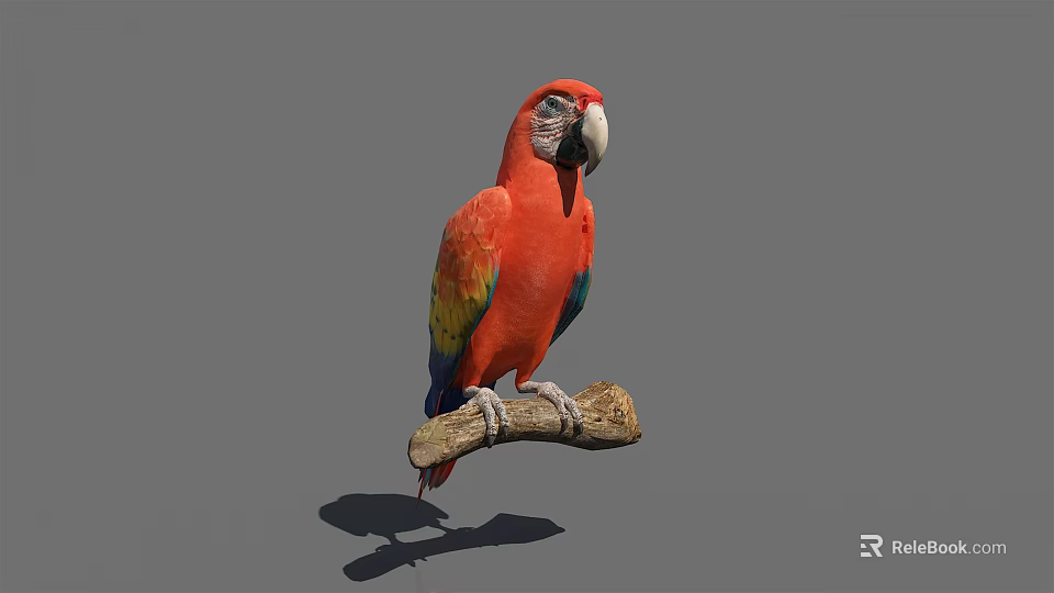 Vibrant Red Parrot With Colorful Yellow Green Wings Perched Gracefully On Wooden Branch 3d model 