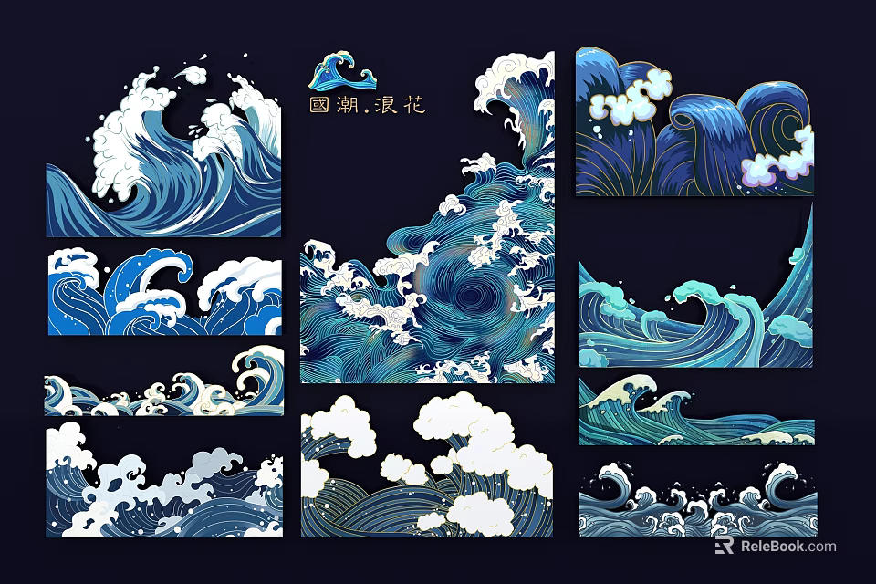 Artistic Wave Pattern Wall Decor With Blue White Ocean Design Elements 3d model 