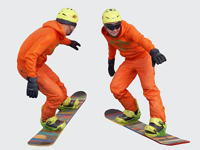 Man in Orange Ski Outfit and Yellow Helmet Snowboarding on Slope 3d model