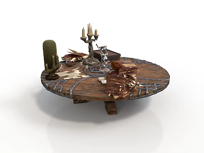 Rustic Round Wooden Table With Metal Straps Cactus Decoration Candle Holder And Papers 3d model