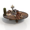 Rustic Round Wooden Table With Metal Straps Cactus Decoration Candle Holder And Papers