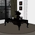 Classic Wooden Coffee Table With Carved Drawers Blue Vase White Flowers Tray And Candles