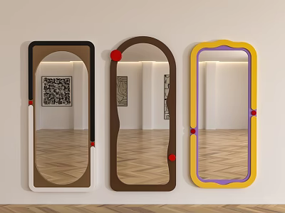 Colorful Framed Decorative Mirrors Hanging On White Wall Reflecting Room Interior 3d model