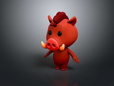 Cute 3D Cartoon Red Pig Character With Black Eyes And Yellow Tusks 3d model