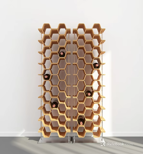 Elegant Wooden Honeycomb Structure Wine Rack With Shelves Holding Wine Bottles 3d model 