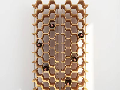 Elegant Wooden Honeycomb Structure Wine Rack With Shelves Holding Wine Bottles 3d model