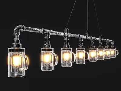 Industrial Style Chandelier With Metal Pipe Structure And Transparent Glass Mug Lampshades 3d model