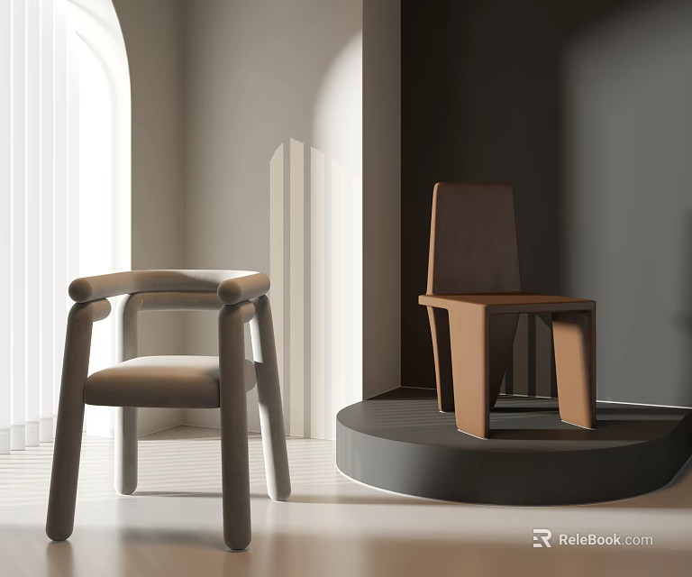 Modern Minimalist Leisure Chairs Light Gray Upholstered And Brown Wooden Frame Interior Display With Lighting 3d model 