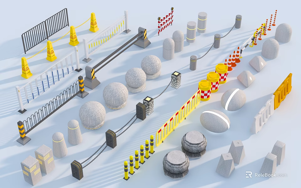 Essential Road Facilities Including Traffic Cones Barriers Bollards Guardrails And Reflective Posts 3d model 