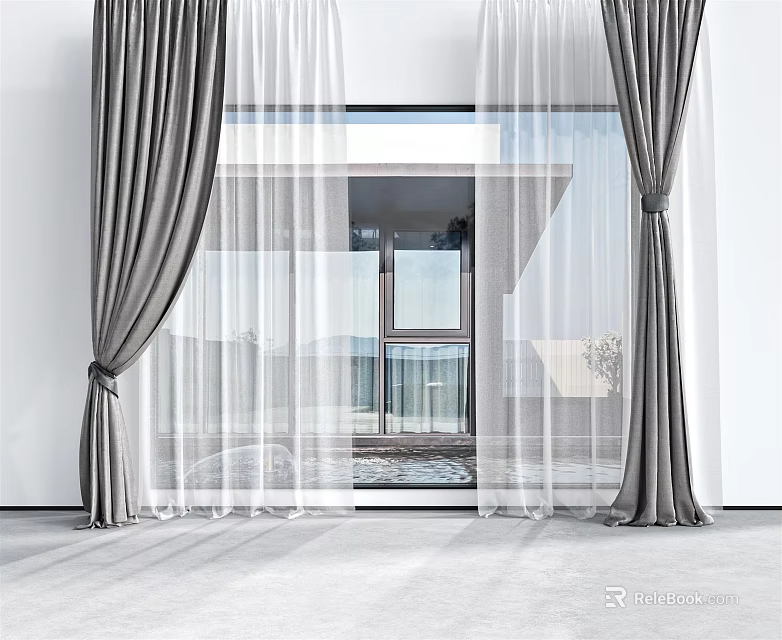 Gray Curtains with White Sheer Panels for Modern Window in Bright Interior Space 3d model 