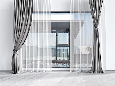 Gray Curtains with White Sheer Panels for Modern Window in Bright Interior Space 3d model